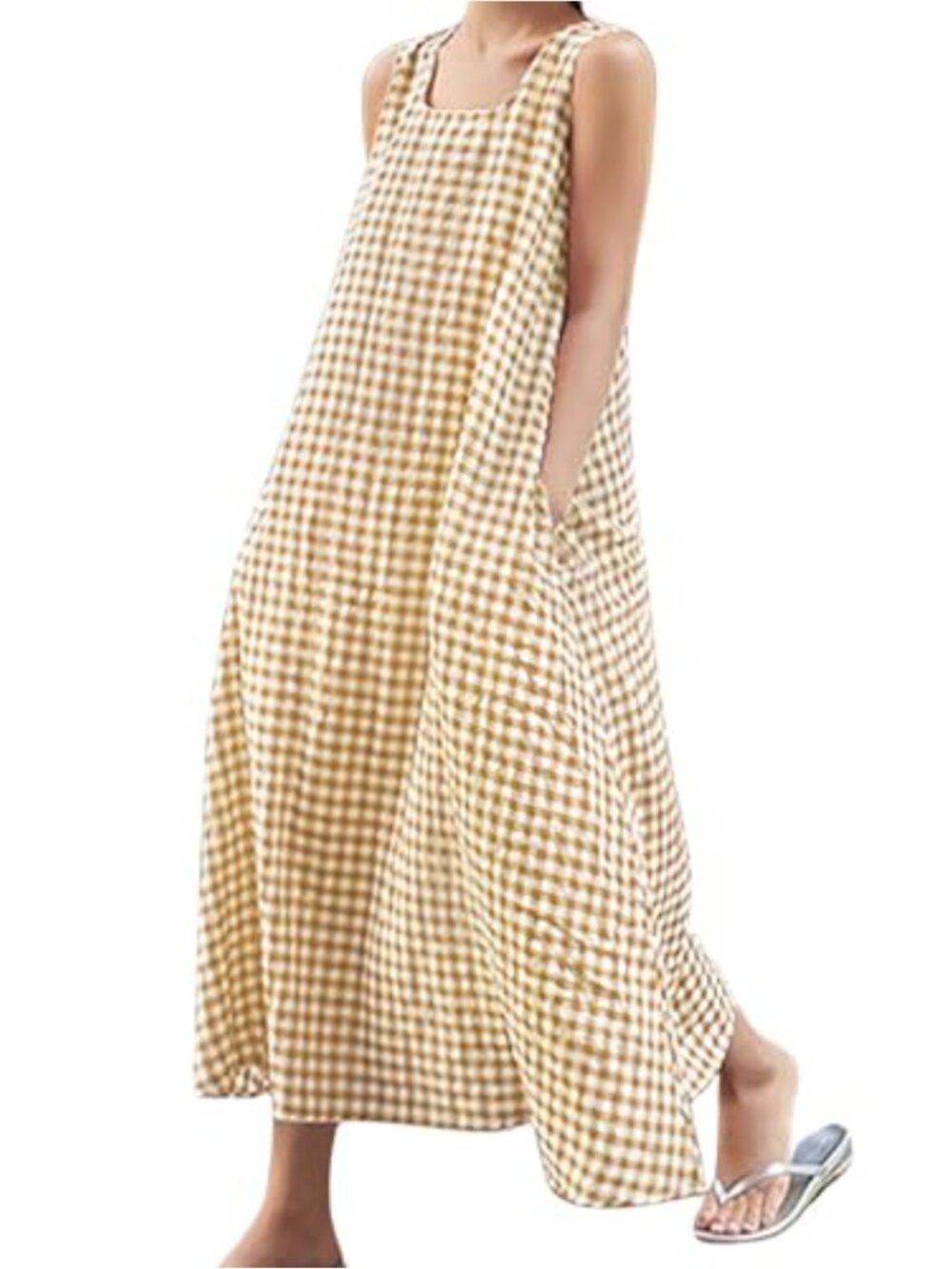 Women's Cotton Linen Plaid Maxi Dress Sleeveless Loose Fit Pockets